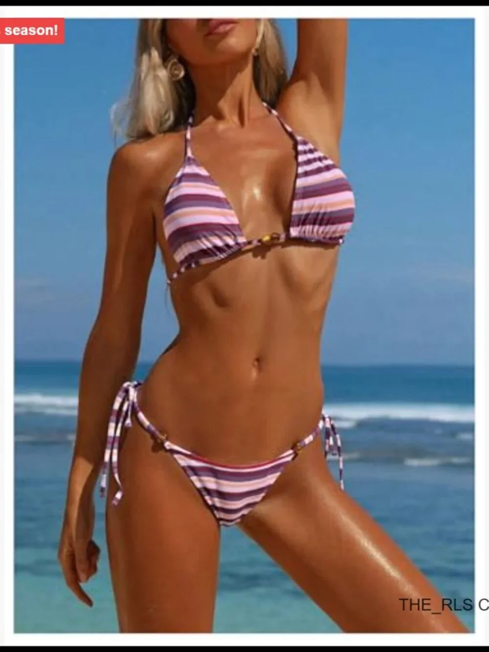 Striped Triangle Thong Micro Bikini Set Halter Swimsuits
